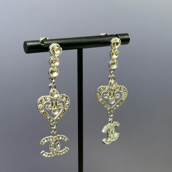 Silver Rhinestone Heart Drop Earrings - Picture 4 of 7